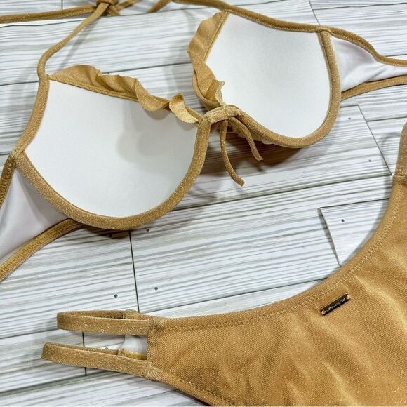 VICTORIA’S SECRET GOLD SHIMMER RUFFLE TRIM HALTER BIKINI TOP & BOTTOM‎ SET 32B/S - Picture 7 of 9